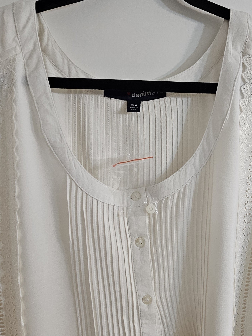 Denim 24/7 White Embroidery Pleated Button Front Blouse